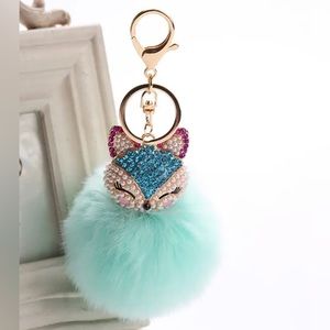Crystal Faux Fur Fox Keychain in Light Green